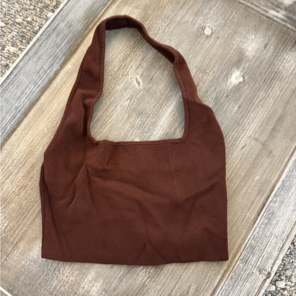 The Drop brown boho-style halter top, square neckline, crop top, size XXS